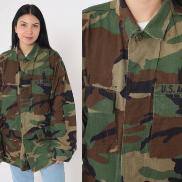 90s Camo Field Jacket U.S. Army 1st Cavalry Division Patch Woodland Camo Military Coat Button Up Grunge Cargo Pocket Medium 