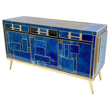 1980s Italian Post Modern Vintage Blue Black Brass 3 Door 3 Drawers Cabinet