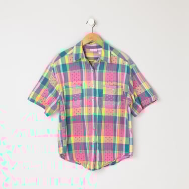 Vintage 90s Pink & Green Plaid Button-Up Shirt - 