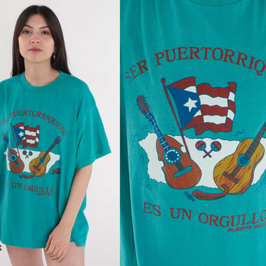Puerto Rico Shirt 90s Ser Puertorriqueño Graphic Tee Retro T Shirt Travel Tshirt Vintage 1990s Teal Guitar Single Stitch Extra Large xl 