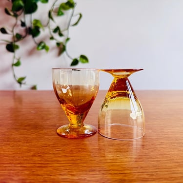 Set of 2 Whitefriars Amber M74 Sherry Glasses - Vintage 1930s Amber Footed Glassware 