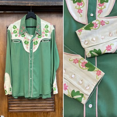 Vintage 1950’s Two-Tone Floral Western Cowboy Gabardine Rodeo Rockabilly Shirt, 50’s Embroidery, Vintage Clothing 