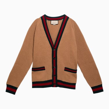 Gucci Camel-Coloured Wool Cardigan With Web Ribbon Men