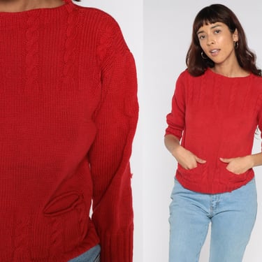 Red Cable Knit Sweater 80s Wool Sweater Boat Neck Sweater Pocket Knit Pullover Retro 1980s Vintage Boatneck Bobbie Brooks Small S 