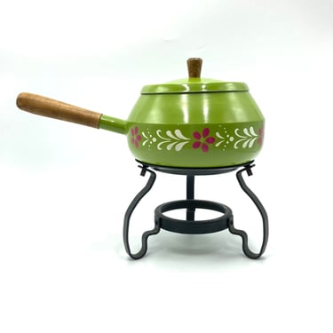 Retro Fondue Pot with Stand in Avocado Green with Purple and White Details, Comes with Stand, Wood Handle, Enameled Aluminum, Mid Century 