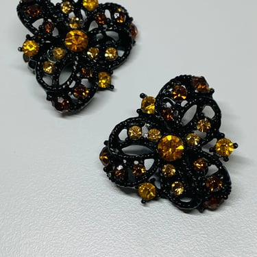 Black Clip On Earrings with Amber Rhinestones