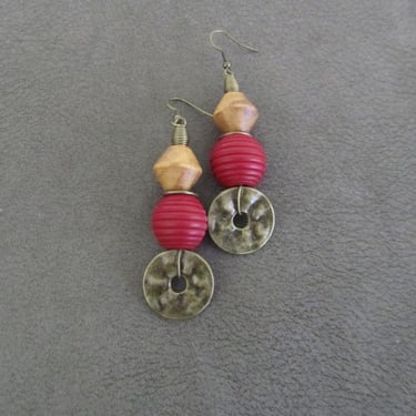 Red wood earrings, hammered bronze earrings, boho chic earrings, ethnic earrings bold statement earrings, unique exotic earrings, bohemian 