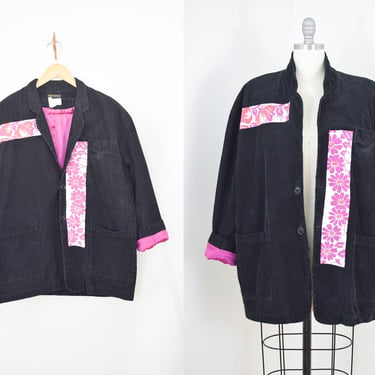 Vintage 1980s Esprit Sport Corduroy Blazer with Patches | 80s/90s Black Wide Wale Corduroy Jacket with Contrast Lining 