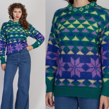 80s Green Mohair Geometric Fair Isle Sweater - Small | Vintage Gallagher Knit Ski Pullover Jumper 