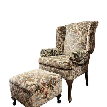 Free Shipping Within Continental US -  Antique English Queen Anne Style Sofa Chair With Original Floral Raised Needle Work with   Ottoman 