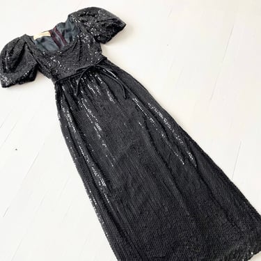 1970s Donald Brooks Black Sequin Puff Sleeve Gown 
