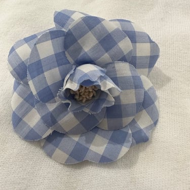 Chanel Rare to Find S/S 1995 Blue & White Gingham Camellia Flower Pin