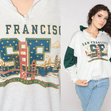 San Francisco Shirt Quarter Zip Sweatshirt 80s 90s Golden Gate Bridge Pullover Sweater 1990s Grey California Sweater Vintage Large L 