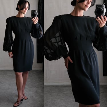 Vintage 70S RICHILENE Black Silk Chiffon Dramatic Poof Sleeve Tailored Waist Gown | Lillie Rubin | Made In USA | 1970s Designer Cocktail 