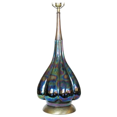 Mid-century Iridized Art Glass Table Lamp w/ Brass Base 