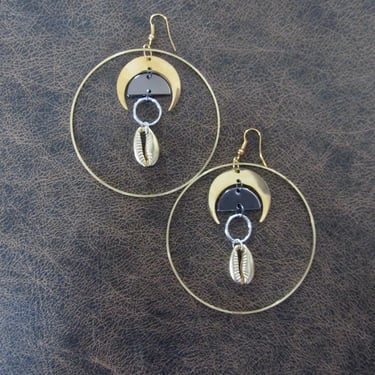 Large brass and cowrie shell hoop earrings 