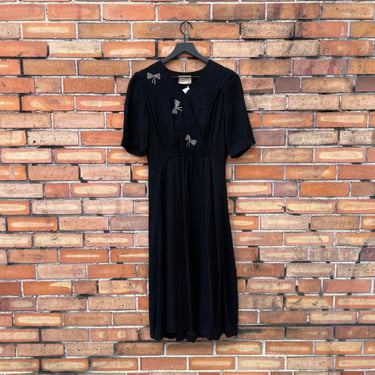 vintage 40s black rhinestone crepe rayon dress / m l medium large 