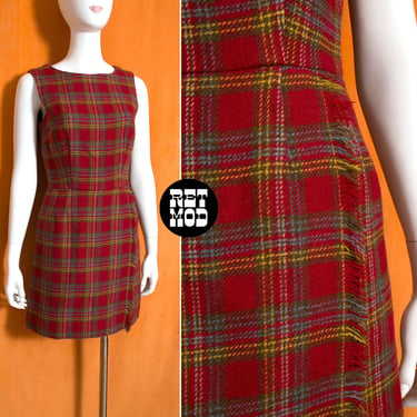 Sassy Vintage 60s 70s Maroon Plaid Wool Jumper Dress by The Villager 