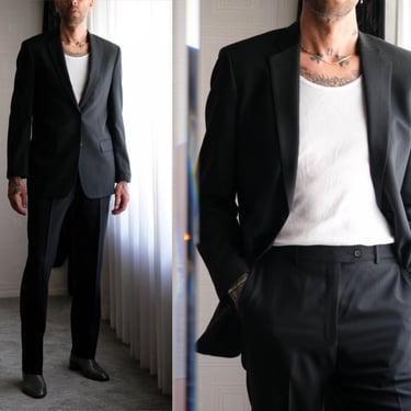 JOHN VARVATOS USA Black Shadow Stripe Two Button Wool Gabardine Suit | 100% Wool | Size 40L | 2000s Y2K Vintage Varvatos Designer Mens Suit 