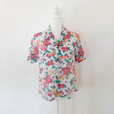 80s Floral Semi-Sheer Cotton Collared Button Up Shirt | Medium/Large 