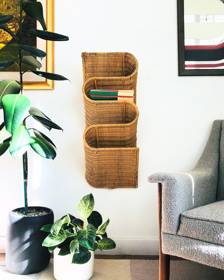 Vintage Curvy Wicker Wall Magazine Rack | Sergeant Sailor | Vallejo, CA