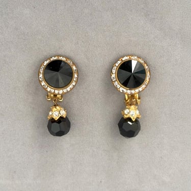 1980s Rhinestone and bead drop Clip-On Earrings | 80s Vintage Black, Clear, and Gold Tone Clip On Earrings 