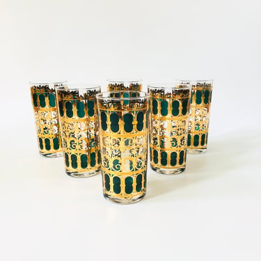 Mid Century Culver Emerald Scroll Highball Tumblers - Set of 6 