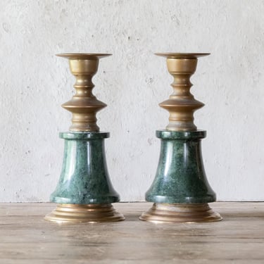 Green Marble and Brass Candleholders, Pair of Vintage Solid Brass & Stone Candle Holders, Set of 2 Votive Holders 