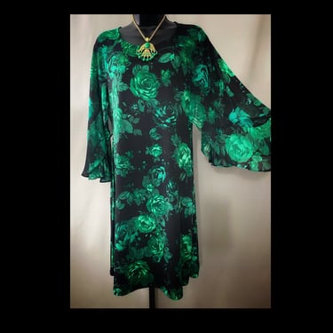 80s emerald green floral print mini, vintage flutter sleeve cocktail dress 