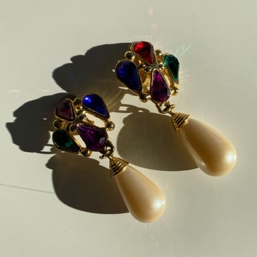 Multicolor Rhinestone Pearl Drop Clip On Earrings
