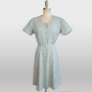 1940s Day Dress / 1940s Mc Mullen Dress / Blue and White Striped Cotton Shirtwaist Dress / Size Medium Large 