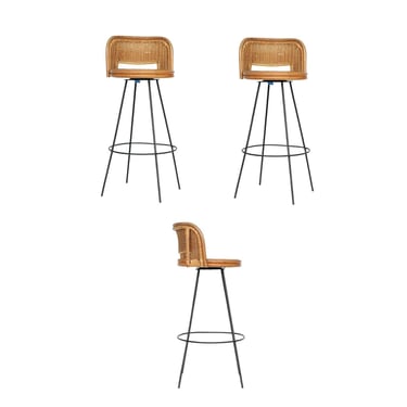 Seng of Chicago Swivel Wicker and Iron Bar Stools, Set of 3 