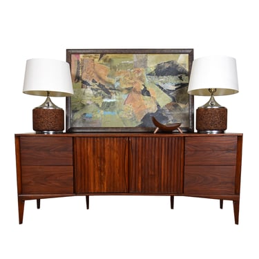 Sexy and Curvaceous MCM Long Walnut Dresser w. Sculpted Pulls