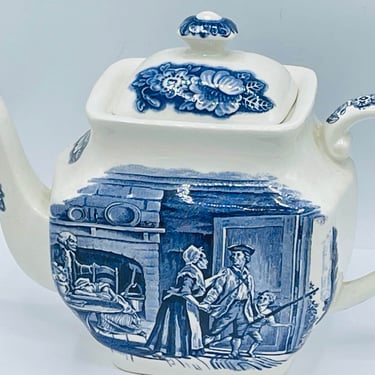 Vintage Liberty Blue Staffordshire Colonial Minute Men Teapot England 42 Ounces 
