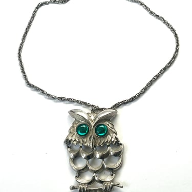 Silver Owl Necklace, Green Cabochon Eyes, Owl Necklace, Silver Toned Necklace, Large Owl Pendant Necklace, Bird Necklace, Large SIlver Owl 