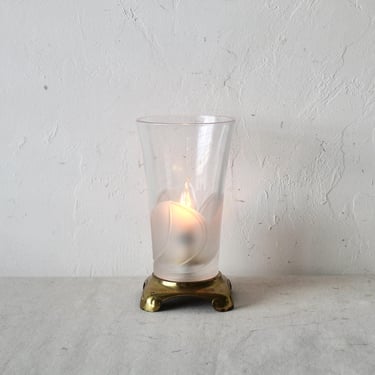 1980s Art Nouveau Style Glass Brass Frosted Shade Table Lamp Nightlight Floral Theme Vintage 