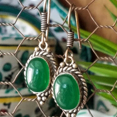 Green Onyx & Sterling Earrings~Sterling Silver 925 Green Gemstone Earrings~Vintage Jewelry~Gifts for her~JewelsandMetals 