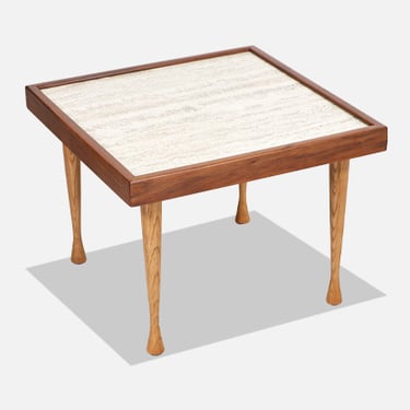Mid-Century Modern Oak & Walnut Side Table with Travertine Stone