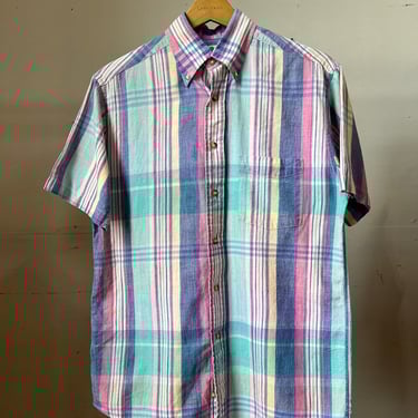Small, 1980s Eastern Mountain Sports Plaid Short Sleeve Shirt, Summer, A 