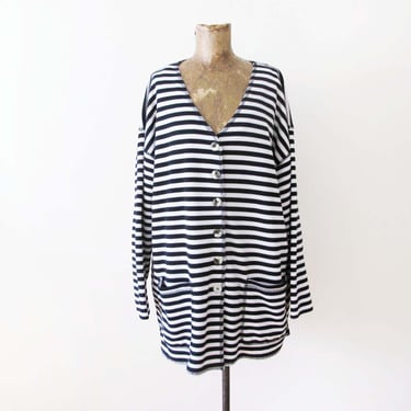 Vintage 90s Black White Stripe Cardigan L - Baggy Oversized Drop Shoulder Cotton Ribbed Knit Sweater 