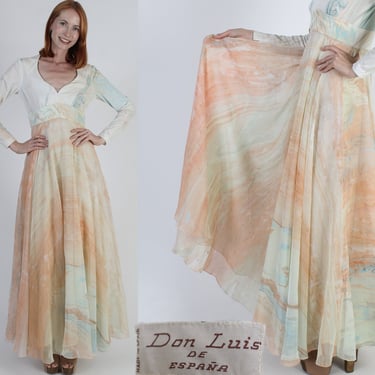 Don Luis de Espana Designer Chiffon Dress, 70s Marbled Psychedelic Spanish Gown, Lounge Jersey Abstract Spcaeage Print 