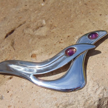 Erika Hult de Corral ~ Vintage Taxco Sterling Silver Birds Brooch / Pin with Amethyst Eyes 