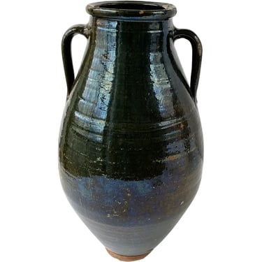 Antique Large Turkish Green Glaze Terracotta Pottery Two-Handle Olive Jar 