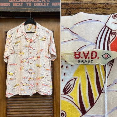 Vintage 1940’s “BVD” Atomic Fish Cabana Rayon Hawaiian Rockabilly Shirt, 40’s Vintage Clothing 