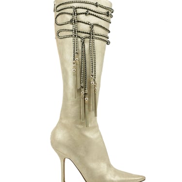 Jimmy Choo Metallic Tassel Knee High Boots, 38