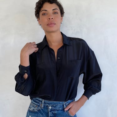 80s Vintage Minimalist Black Silky Blouse - Batwing Long Sleeve Button Down Shirt 