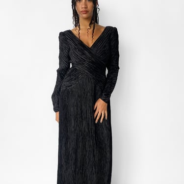 1980s Mary McFadden Black Ruched Maxi Dress, sz. S