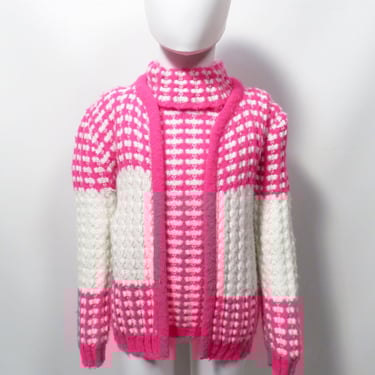 Vintage 60s Kids Hot Neon Pink Knit Sweater Set Size 6/7 
