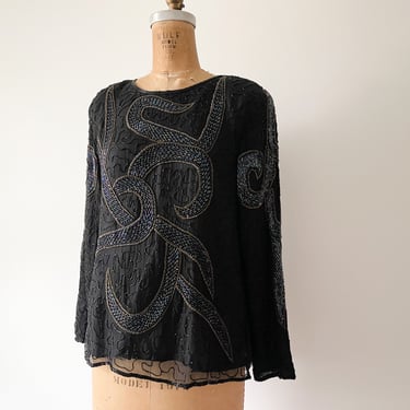 Carina beaded graphic snake top, vintage ‘80s ‘90s beaded blouse | 1980’s glam, black silk evening blouse, S/M 