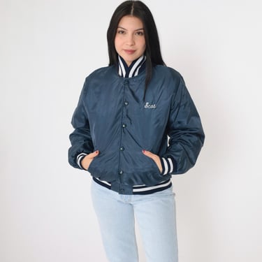 80s Football Jacket Bethel Pop Warner Bomber Jacket Windbreaker Dark Blue Snap Up Coat Varsity Baseball Jacket Vintage 1980s Small S 